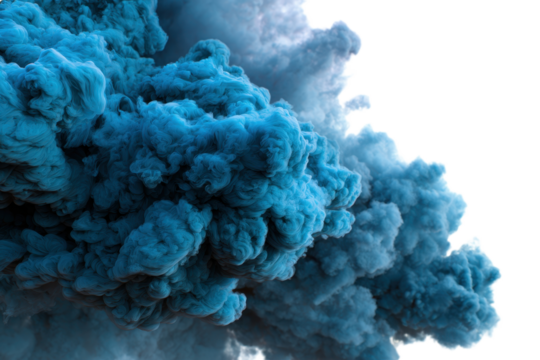 Blue smoke cloud transparent PNG, isolated background cutout. Thick color smoke bomb screen effect