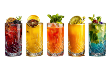 Brandy Crusta, Ward 8 eight, Godfather cocktail PNG set bundle, transparent isolated background. Mixology, bar menu cocktails, colorful vibrant refreshing mixed drink with garnish