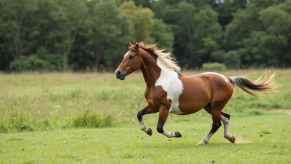 Fototapeta premium Horse galloping in green field, majestic animal running in nature, powerful stallion outdoors, countryside wildlife photography, freedom and strength concept, USA and Europe rural landscape horse scen
