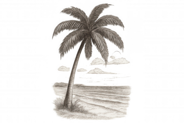 Palm tree leaning over sandy shore, hand-sketched artwork depicting tranquil coastal landscape with soft oceanic waves