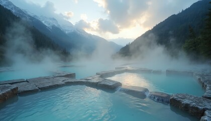 Steam rises from warm pools serene setting. Thermal water spa near mountains in the morning. Relaxing vacation resort at hot springs, geothermal natural environment.