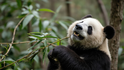 Fototapeta premium Panda eating bamboo in natural habitat, giant panda wildlife photography, endangered animal conservation, cute panda bear sitting outdoors, nature and wildlife scene, USA and Europe zoology and ecolog