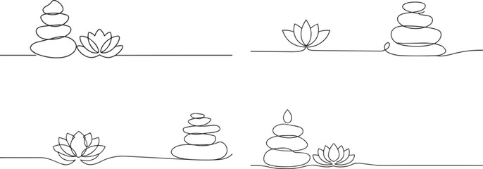 Set of Stones and Lotus flower one continuous line art, Vector illustration, One line art, Line art graphic style