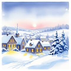 Fototapeta premium Cozy winter village scene with snowcovered houses and evergreen trees under a soft sunset sky, watercolor