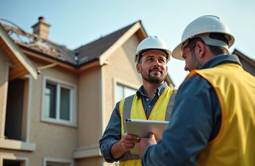 Insurance agent with builder use tablet to assess house damage, destroyed roof. Men in helmets, vests analyze renovation needs, discuss claim, future rebuild, consulting real estate. Repair service