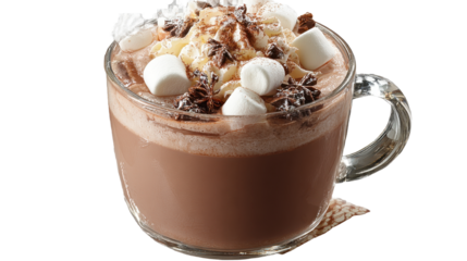 Christmas hot chocolate cocoa with marshmallows in glass cup PNG, cutout isolated on transparent background. Festive warm winter holiday season drink