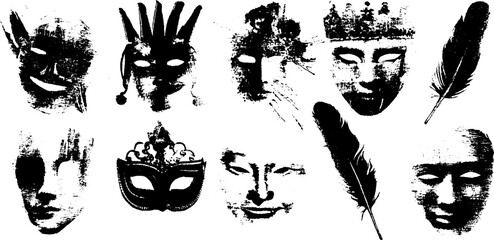 Black ink silhouette set of masquerade masks with feather elements for costume design