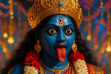 A beautiful divine idol of goddess kali standing with her devotees during the grand shyama puja and happy diwali celebration, a hindu religious tradition