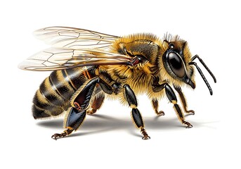 Detailed close-up view of a honeybee, showcasing its intricate striped and hairy body, transparent wings, and multifaceted eyes against a pure white background.
