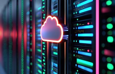 Modern server rack with glowing red cloud icon and colorful lights, perfect for cloud computing presentations, IT infrastructure ads, network security visuals and digital technology solutions
