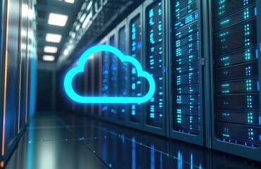 3D illustration of glowing blue cloud icon in modern data center server room, perfect for cloud computing presentations, IT infrastructure ads, network technology and digital solutions