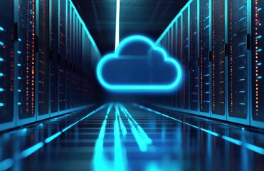 Futuristic data center hallway with glowing blue cloud icon and illuminated floor, ideal for cloud computing presentations, IT infrastructure ads, data storage solutions and network technology