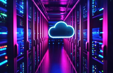 Futuristic data center with glowing neon cloud icon in vibrant purple and blue lighting, perfect for cloud computing presentations, IT infrastructure ads, digital network solutions and tech visuals