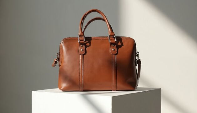 Elegant brown leather handbag showcased on white cube. Stylish purse, fashion accessory suits office, work, professional attire. Everyday shopping, travel, vintage design shows craftsmanship, - Powered by Adobe