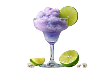 Frozen Margarita cocktail with lime wheel garnish white PNG isolated background.