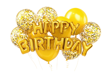 Gold happy birthday party greeting balloon bundle PNG