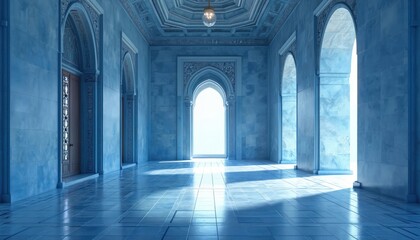 Obraz premium Illustration of grand hall majestic blue-tiled interior features intricate arches, soft lighting. Ornate architectural design creates serene, calming ambience, inviting exploration of cultural