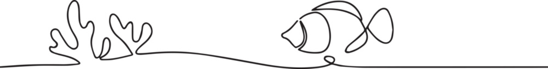underwater fish and coral reefs one continuous line art, Vector illustration, One line art, Line art graphic style