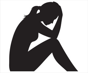 Black silhouette of woman sitting with head down isolated on white background, vector illustration symbolizing sadness, depression, stress, loneliness, despair, grief, emotional struggle, mental healt