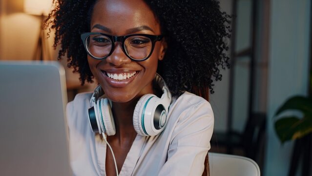 headphones laptop working female