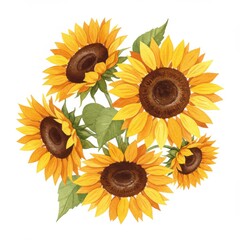 Bouquet of bright yellow sunflowers with green leaves isolated on white background