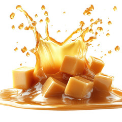 Splash of caramel with cubes isolated on transparent background