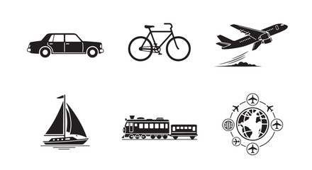 Vector set of transportation icons including cars, trucks, buses, trains, ships, and airplanes