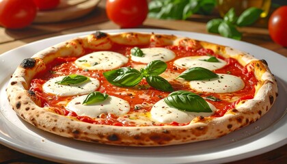 Authentic Margherita Pizza on White Plate, Close-Up Delicious Italian Cuisine