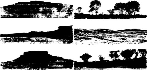Obraz premium Black ink silhouette set depicting nature scenes of plateaus and plains