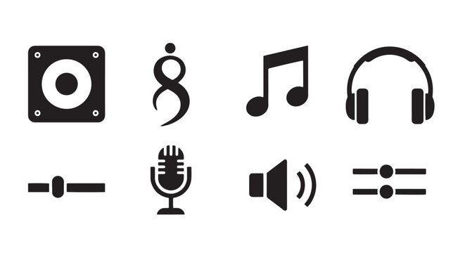 Audio Icon Set: A collection of stylized icons representing essential elements of sound, including speakers, a musical note, headphones, sliders, a microphone, and a volume control.