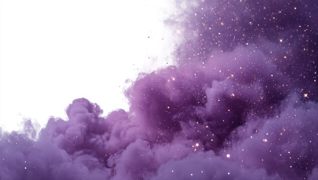 A swirling cloud of vibrant purple smoke or mist, illuminated by tiny golden sparkles, against a stark white background.