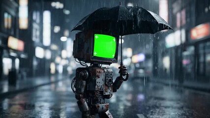 Retro robot with green screen TV head walks in rainy city street under umbrella