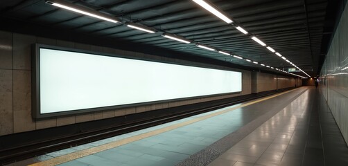 Modern subway platform with large billboard. Empty advertisement space for business marketing. Clean tile stone design. Minimalist contemporary urban architecture. Long empty platform. Train station.