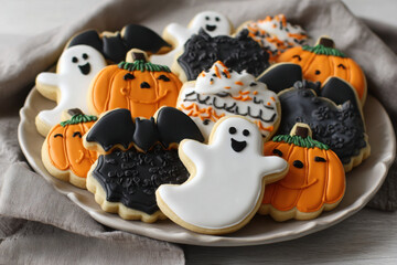 Obraz premium Spooky and fun Halloween sugar cookies decorated as ghosts pumpkins and bats