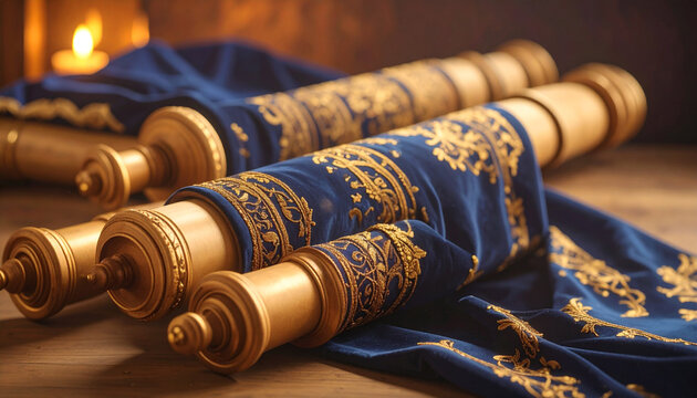 Torah Scroll Handles with Draped Velvet Cover. Jewish festival concept. Generated Image