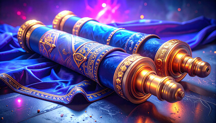 Torah Scroll Handles with Draped Velvet Cover. Jewish festival concept. Generated Image