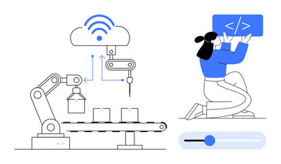 Robotic arm on conveyor belt linked to cloud, software developer coding panel. Ideal for automation, AI, IoT, smart manufacturing, programming, industrial processes, simple landing page