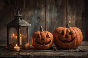 Obraz premium Two smiling jack-o'-lanterns and a rustic lantern with candles create a warm and festive Halloween scene.
