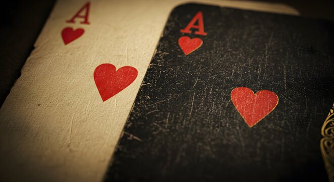 Two ace of hearts playing cards with vintage texture and artistic presentation