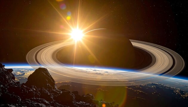 Spectacular view of Saturns rings and the sun from space. - Powered by Adobe