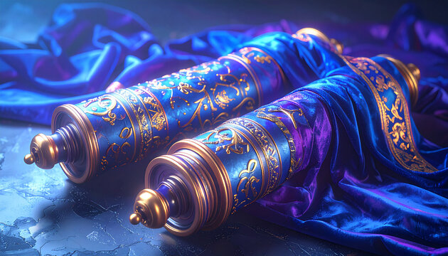Torah Scroll Handles with Draped Velvet Cover. Jewish festival concept. Generated Image