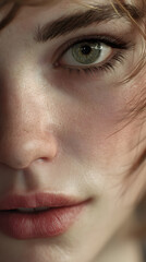 Fototapeta premium Close up portrait of a woman with light green eyes and natural freckles