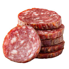 Stack of salami slices isolated on transparent background
