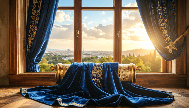 Torah Scroll Handles with Draped Velvet Cover. Jewish festival concept. Generated Image