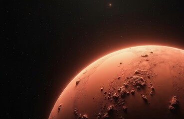 Fototapeta premium Close-up of Mars shows red surface textures, rugged terrain with ample copy space. Minimalistic image offers clean depiction of Martian landscape, stark contrast between rocky formations, smooth