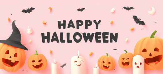 A festive and cute Halloween banner with pumpkins, bats, ghosts, and candles on a pink background.