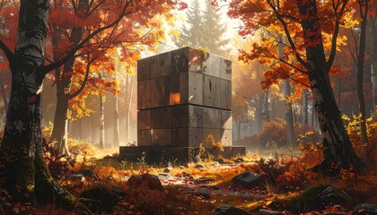 Autumnal enigma, a concrete cube stands amidst fiery foliage and woodland