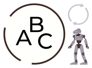 Large alphabet letters in progression with robotic humanoid figure and harmony cycle symbol. Ideal for education, AI innovation, language development, machine learning, future technology, automation