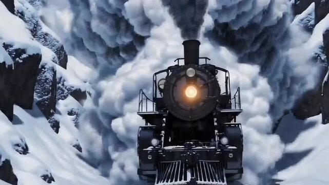 Majestic Steam Train Battles Blizzard: Epic Snow Avalanche Scene. Seamless looping 4k video background 