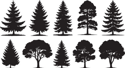 Fototapeta premium Trees silhouettes. Forest and park pines firs and spruces, coniferous and deciduous trees. Vector isolated retro images nature set